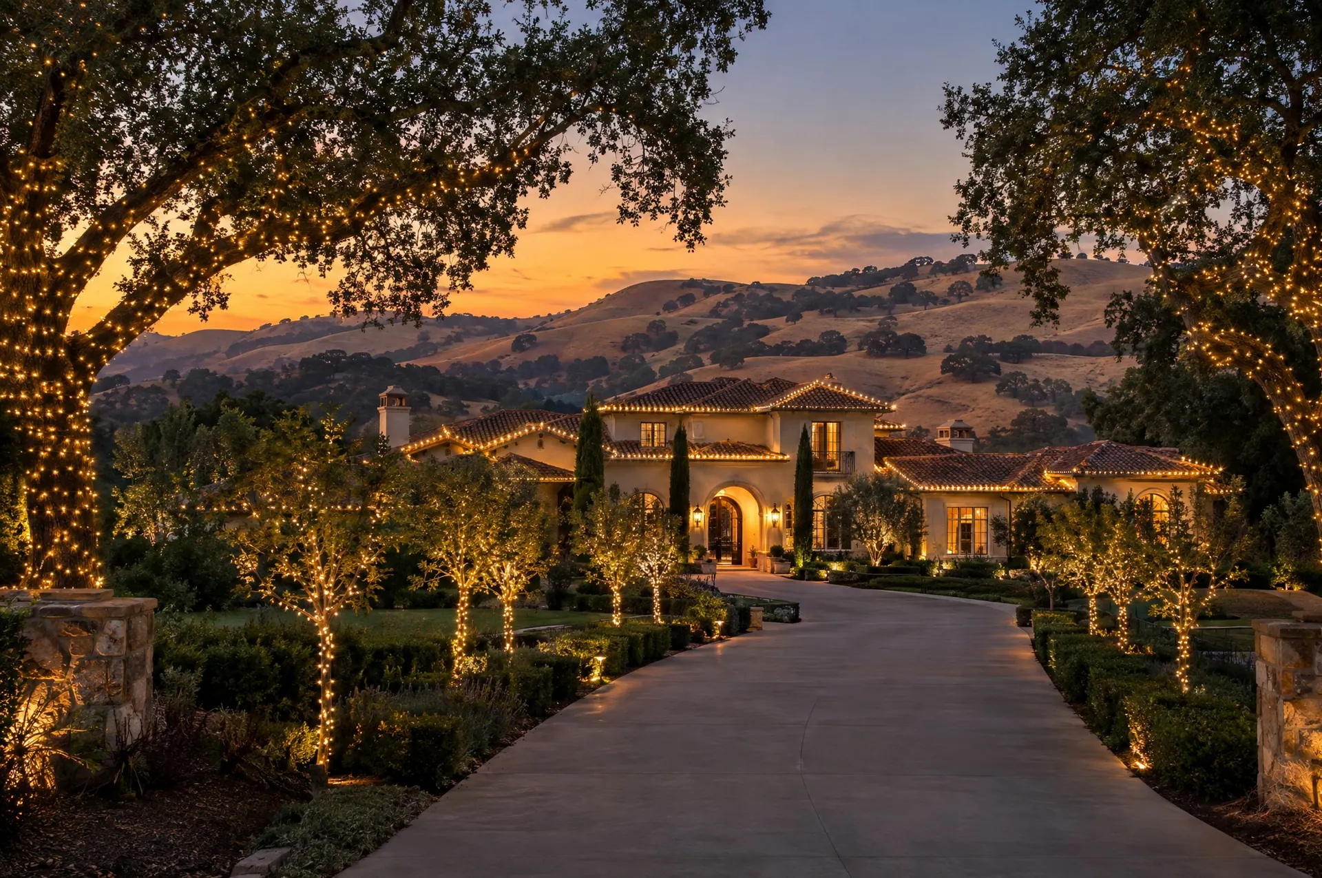 Large Mediterranean-style home at dusk with a driveway lined by lit trees and oaks wrapped in warm white lights