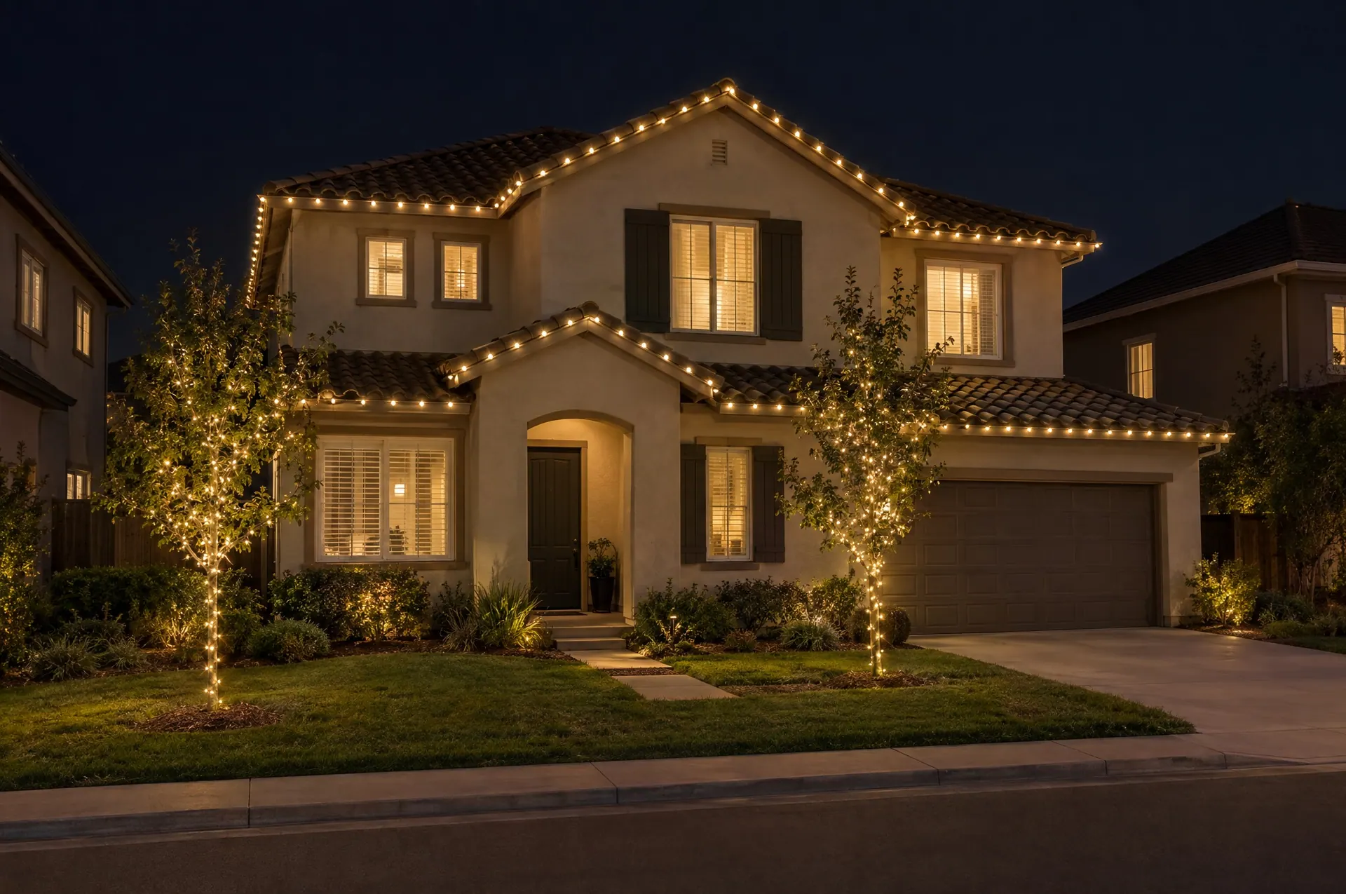 Newer two-story stucco home with a tile roof, warm white roofline lights and two small wrapped front-yard trees