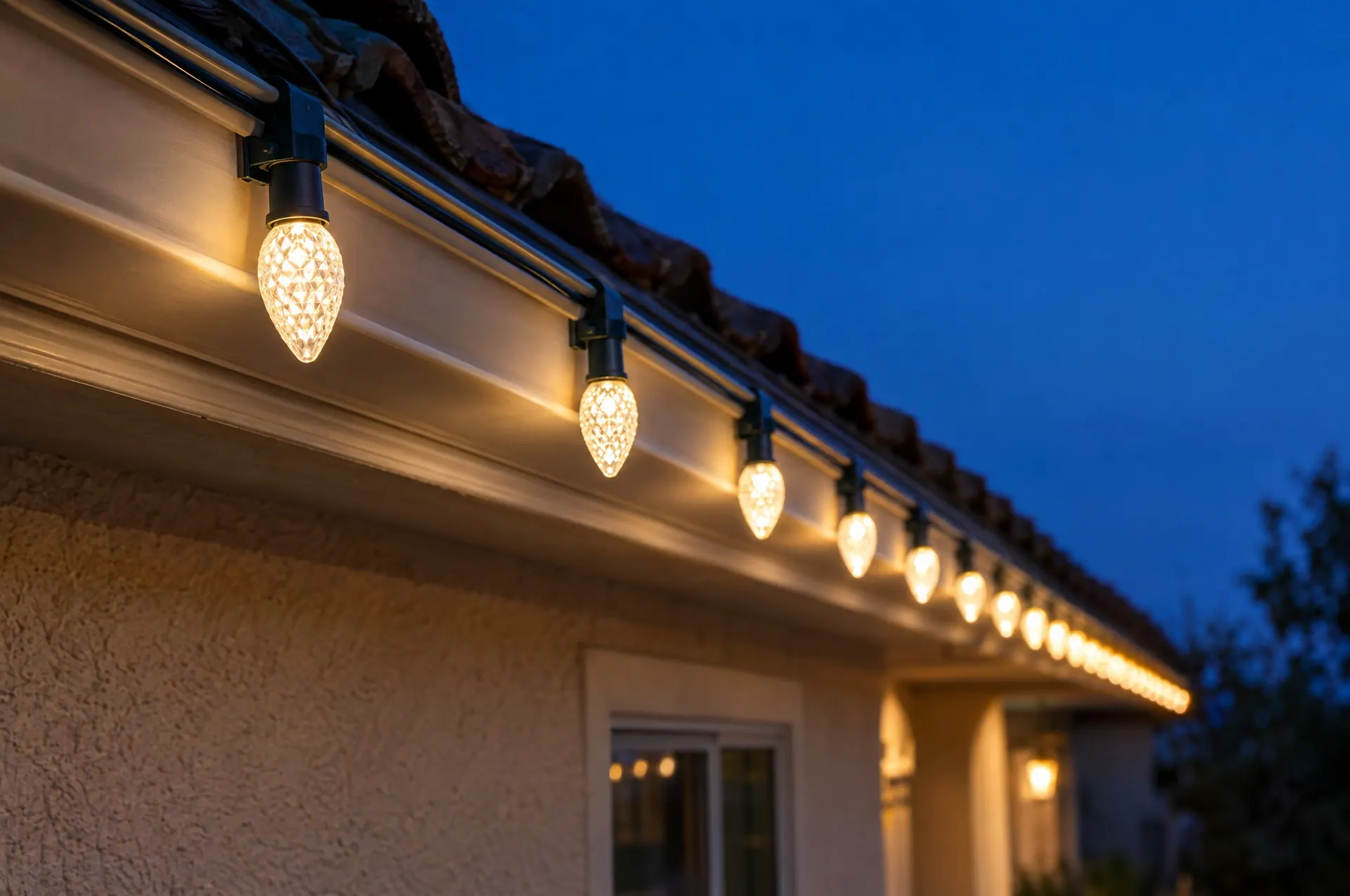 Close-up of warm white C9 bulbs clipped evenly along a stucco home's gutter line at dusk