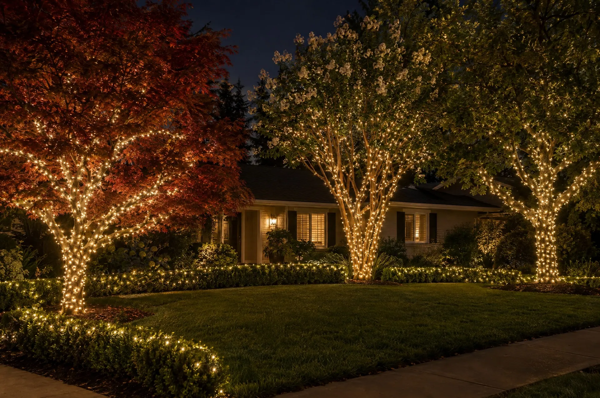 Front yard at night with a Japanese maple, crape myrtle and small oak wrapped in warm white mini lights